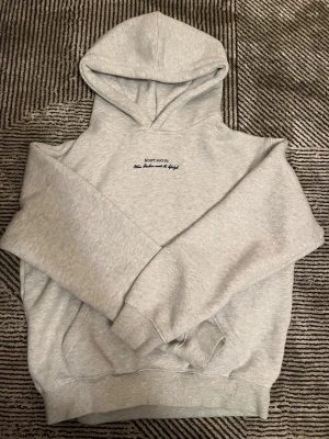 Grå hoodie Notre Succès St. Moritz - Säljer en ljusgrå hoodie från Notre Succès med tryck på både bröstet och ryggen. Stort svart texttryck på ryggen med 'St. Moritz Notre Succès Private club 1992'. Klassisk huva och ribbade muddar. Perfekt för dig som gillar stilrena och trendiga plagg.