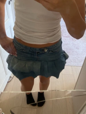 Blå volangkjol i jeans - Säljer en kort jeanskjol i blå denim med volangkant nedtill och klassiska fickor bak. Kjolen har en normal passform och stängs med knapp och dragkedja framtill. Perfekt för dig som gillar en trendig och avslappnad stil.