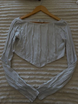 Vit ribbad croppad topp NA-KD - Säljer en vit ribbad croppad topp från NA-KD x Hanna Schönberg. Toppen har lång ärm, markerade sömmar framtill och en spetsig nederkant.