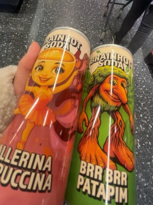 Brainrot Soda burkar med motiv - Två färgglada läskburkar från Brainrot Soda, en med rosa och orange motiv och texten 'Ballerina Puccina', och en med grönt och orange motiv och texten 'Brr Brr Patapim'. Båda burkarna har tecknade figurer på framsidan.