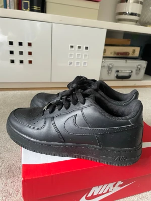 Nike Air Force 1 Low helsvart - Klassiska Nike Air Force 1 Low i helsvart läder med svart sula och svarta skosnören. använt de bara 4-5 gånger