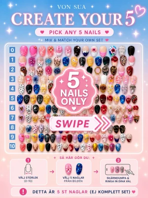 Set med 5 st presson - Buy Single Nails / Köp styckvis 💅  Behöver du ersätta en nagel eller komplettera ett set? Köp enstaka naglar från bilden.  Så gör du:  1. Välj storlek (0–10) 2. Välj naglar från bilden 3. Skärmdumpa & ringa in 4. Skicka bilden efter köp  Pris: • 1 st – 24 kr • 3 st – 69 kr • 5 st – 99 kr  Obs: Inte ett komplett set  För komplett set → se Mix & Match-annonsen 💕