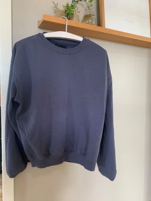 Blå sweatshirt från 157 - En stilren blå sweatshirt från 157 med rund halsringning och ribbade muddar vid ärmslut och nederkant. Perfekt för en avslappnad look och enkel att matcha med jeans eller mjukisbyxor.