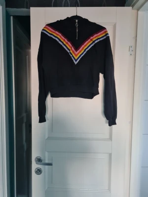Svart hoodie med regnbågsränder - Cool svart hoodie med dragkedja och huva. Framtill finns färgglada ränder i V-form i rött, orange, gult, marinblått och ljusblått. Croppad modell med långa ärmar och ribbade muddar. Perfekt för dig som vill sticka ut lite extra.