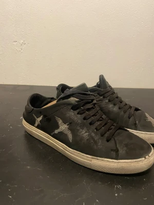 Svarta sneakers med broderade fåglar - Svarta sneakers från Golden Goose i läder med broderade silvriga fåglar på sidorna. Skorna har svarta skosnören och vit sula med vintagekänsla. Perfekt för dig som gillar en unik och cool streetstil.