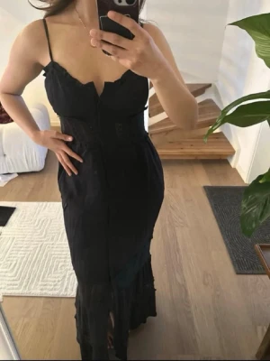 Svart långklänning  - Svart långklänning med tunna axelband och figurnära passform. Klänningen har en v-ringad urringning, knappar och subtila spetsdetaljer längs midjan och nederdelen. Lånad Bild, köpt på vinted men har inte kommit till användning. Perfekt till sommaren. 