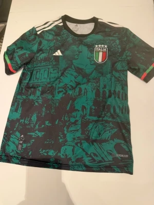 Italien matchtröja Adidas grön - Snygg grön matchtröja från Adidas för Italiens landslag. Tröjan har svart botten med grönt grafiskt mönster av romerska byggnader och statyer, Italiens klubbmärke på bröstet och vita Adidas-ränder på axlarna. Ärmsluten har italienska flaggans färger. Tillverkad i lätt funktionsmaterial.