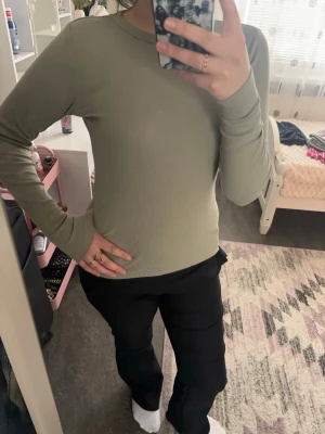 Ljusgrön  långärmad topp - Säljer en enkel och stilren ljusgrön  topp med lång ärm och rund hals. Toppen har en slim passform och är perfekt att matcha med både jeans och kjol. Materialet känns mjukt och stretchigt, vilket gör den riktigt skön att bära.