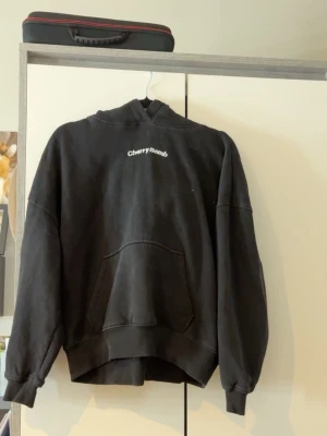 Svart hoodie Cherry Bomb med körsbär - Säljer en svart hoodie med trycket 'Cherry Bomb' fram och stort körsbärstryck på ryggen. Hoodien har känguruficka, huva och en loose passform. Perfekt för dig som gillar streetwear och vill sticka ut med ett coolt motiv.
