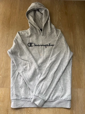 Grå hoodie från Champion - Säljer en stilren grå hoodie från Champion med klassisk logga tryckt över bröstet. Hoodien har huva och magficka, samt ribbade muddar vid ärmslut och nederkant. Perfekt för en avslappnad och sportig look.