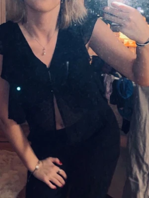 Svart transparent blus med volanger - Snygg svart blus från Bik Bok i transparent mesh med prickigt mönster. Blusen har volangdetaljer framtill och vid ärmarna, v-ringning och knäppning fram. Perfekt för fest och liknande tillfällen. Några lösa trådar här och där som är lätta att klippa men annars väldigt bra skick. Älskar denna topp men nu är det dags att säga hejdå🥹