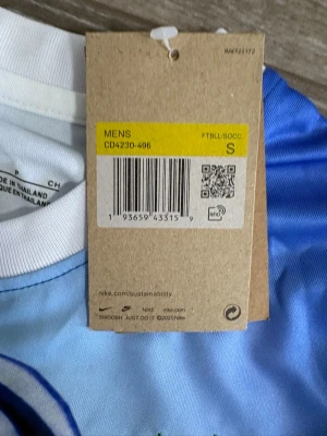 Blå Brasilien fotbollströja Nike - Snygg blå fotbollströja från Nike med Brasilien CBF-logga och grönt Nike-märke på bröstet. Tröjan har ett stort tryck av Kristusstatyn på framsidan och vita detaljer vid krage och ärmslut. Perfekt för dig som älskar fotboll och vill sticka ut på planen.