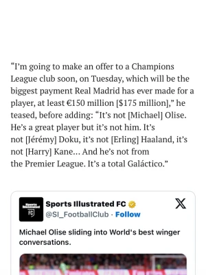 Sports Illustrated FC fotbollscitat - Utskriven text från Sports Illustrated FC om ett kommande rekordbud från Real Madrid på minst 150 miljoner euro för en spelare, med spekulationer kring vilka spelare det inte gäller. Texten är på engelska och handlar om fotboll och transfers.