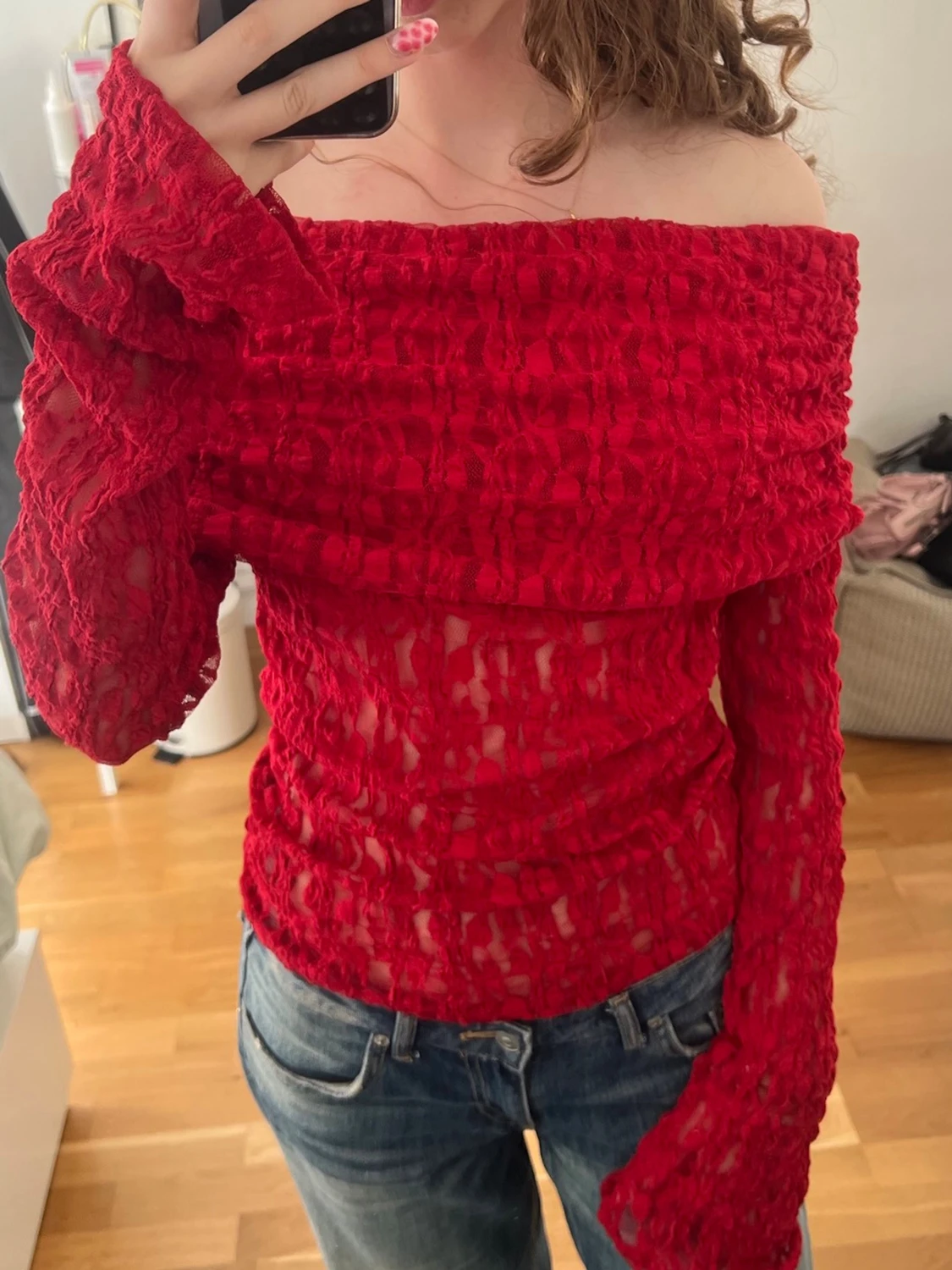 Röd offshoulder mesh topp