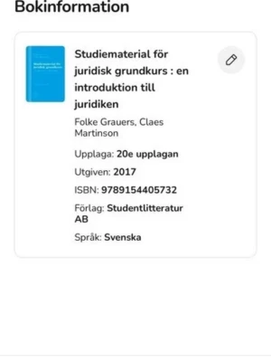 Studiematerial för juridisk grundkurs - Blå kursbok i juridik, 'Studiematerial för juridisk grundkurs: en introduktion till juridiken' av Folke Grauers och Claes Martinson. 20:e upplagan från 2017, på svenska. Perfekt för dig som pluggar juridik på universitetet. Köpt för 219kr begagnad inga anmärkningar 
