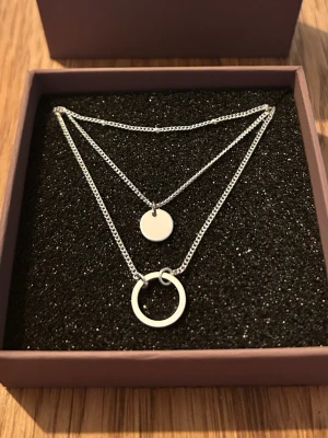 Silverfärgat dubbelt halsband Edblad - Snyggt dubbelt halsband i silverfärg. Halsbandet har två tunna kedjor, en med en rund bricka och en med en öppen cirkel som hänge. Perfekt för dig som gillar stilrena och moderna smycken. Levereras i original ask.