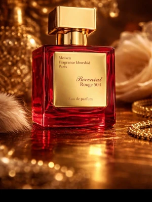 Boceaial Rouge 504 Eau de Parfum - Lyxig parfym i en elegant röd glasflaska med guldfärgat lock och etikett. Doften heter Boceaial Rouge 504 och kommer i en snygg förpackning. Flaskan har en modern, fyrkantig form och rymmer 70 ml Eau de Parfum.