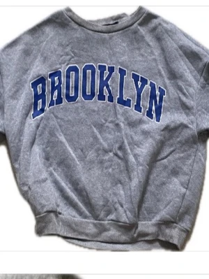 Grå sweatshirt BROOKLYN Shein - Grå sweatshirt från Shein med stor blå Brooklyn text framtill i storlek L har används 3 gånger och därav i mycket bra skick!