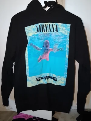 Svart Nirvana Nevermind hoodie - Svart hoodie med stor färgglad Nevermind-albumgrafik från Nirvana på framsidan och låtlista på baksidan. Huva och lång ärm, tryckt motiv i blått och gult. Perfekt för dig som älskar bandmerch och Nirvana.
