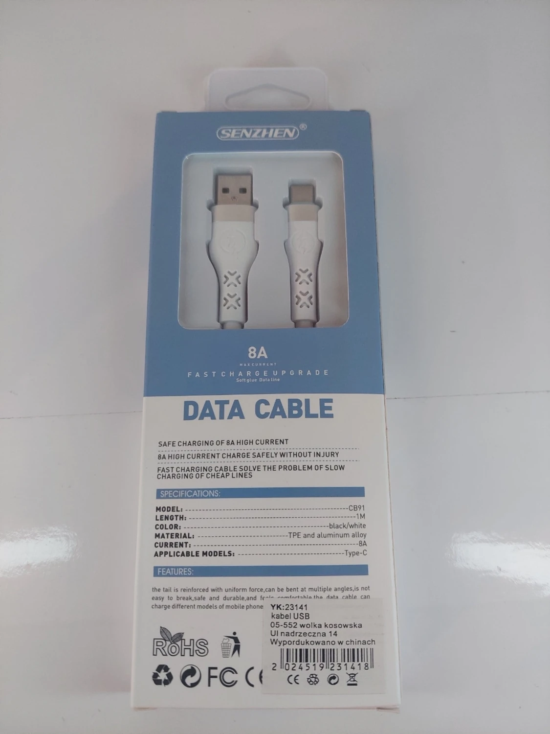 SENZHEN CB91 USB till Type-C datakabel, 1m, 8A - 1