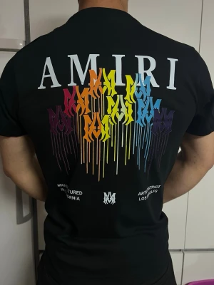 Svart AMIRI t-shirt med färgglatt tryck - Säljer en svart t-shirt från AMIRI med stort färgglatt grafiskt tryck på ryggen och mindre tryck på bröstet. T-shirten har klassisk passform och rund hals. Perfekt för dig som vill sticka ut med en unik design.