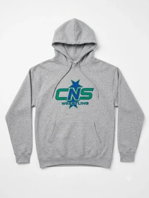 Grå CNS Wrestling hoodie - Snygg grå hoodie från Sport-Tek med stort tryck 'CNS Wrestling' i grönt och blått på bröstet. Klassisk känguruficka framtill, justerbar huva med dragsko och mjukt fleecefoder. Perfekt för dig som gillar sportig stil och vill ha något bekvämt och casual.