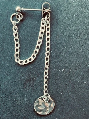 By prisförslag - 1 st Silvrigt örhänge med kedjor och bricka - Unikt silvrigt örhänge med två kedjor och en rund, hamrad bricka som hänger längst ner. Örhänget har en cool och modern design med metallisk finish och säkerhetsnål-inspirerad detalj. Perfekt för dig som gillar edgy accessoarer.