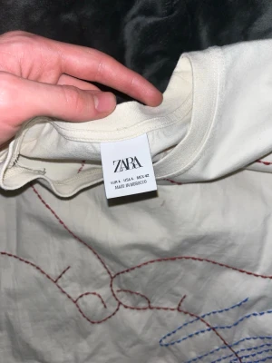 Vit t-shirt med broderi från Zara - Vit t-shirt från Zara med unikt broderat motiv i rött och blått framtill. T-shirten har rund hals och korta ärmar. Materialet är mjuk bomull och designen känns kreativ och modern.