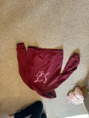 Vinröd hoodie med tryck - Skit Snygg vinröd hoodie från Essential med ett vitt tryck av ett hjärta och pilar på ryggen. Hoodien har huva och långa ärmar, perfekt för en chill och avslappnad stil. Materialet är mjukt och skönt, passar bra till jeans eller mjukisbyxor.
