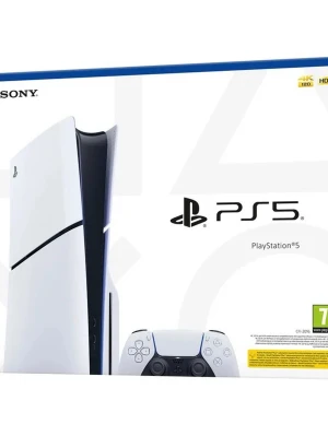 Sony PlayStation 5 konsol 2 kontroller - PlayStation 5 från Sony med futuristisk vit och svart design. Konsolen har en slimmad, vertikal form och levereras med en matchande DualSense-handkontroll. Materialet är plast med matta och blanka ytor. Perfekt för gaming i 4K och HDR.