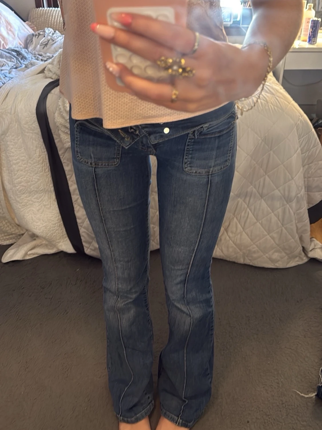 Blå bootcut jeans med fickor fram - 1