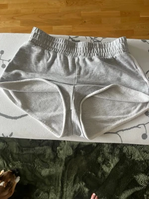 Grå sportiga shorts med resårmidja - Säljer ett par ljusgrå sportiga shorts med elastisk midja och vita kanter💕 De har en klassisk träningslook och är tillverkade i mjuk bomullsmix, perfekta för sommarens alla aktiviteter.