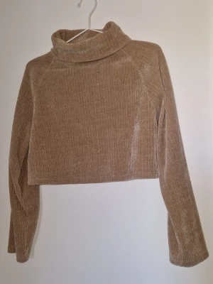 Croppad polotröja - Säljer en beige croppad polotröja. Tröjan är ribbad i ett mjukt material, har lång ärm och hög polokrage. Perfekt för en chill och trendig look.