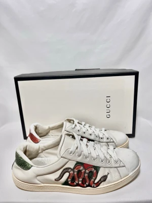 Gucci Ace Snake sneakers  - Gucci Ace ”Snake” sneakers till ett väldigt bra pris! Används men har fortfarande mycket kvar att ge, skick utifrån bilder, inga stora defekter. Endast skor. Us 8,5, passar 43/44. Kontakta mig för fler frågor och funderingar!