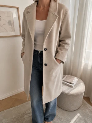 Beige kappa från Bershka - Stilren beige kappa från Bershka med klassisk krage och två knappar framtill. Kappan har raka ärmar, fickor på sidorna och är tillverkad i ett mjukt material som ger en lyxig känsla. Perfekt för dig som gillar minimalistisk och trendig stil.