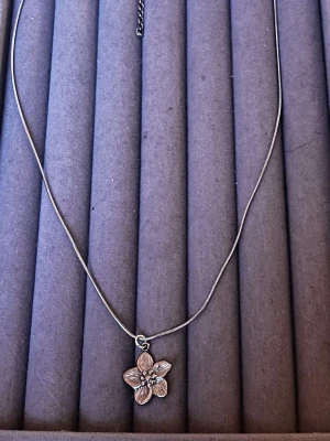 Silvrigt halsband med blomma - Ett tunt silvrigt halsband med ett hänge i form av en blomma. Blomman har fem blad och en liten detalj i mitten som ger extra glans. Kedjan är justerbar med en förlängningskedja och har ett smidigt klolås. Perfekt för dig som gillar stilrena och söta smycken.