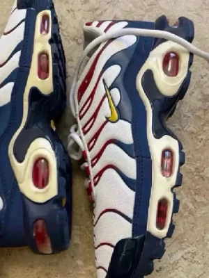 Nike Air Max Plus blå/vit/röd - Säljer ett par Nike Air Max Plus sneakers med blå, vita och röda detaljer. Skorna har en mesh-överdel med vågformade röda linjer, gul Swoosh och synliga Air-bubblor i sulan. Perfekt för dig som gillar sportig och unik stil.