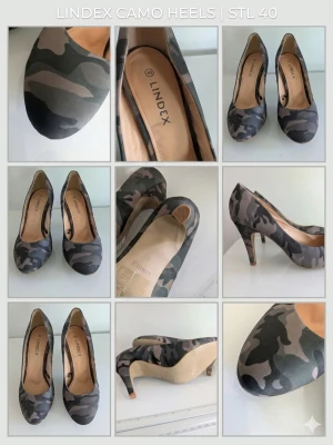 Camo pumps från Lindex - Snygga pumps från Lindex med camouflagemönster i grå, svart och gröna toner. Klassisk rund tå och smal klack som ger en cool och trendig look. Ovandelen är i textilmaterial och innersulan är beige med Lindex-logga.