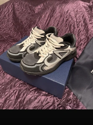 Gråa Dior B30 sneakers - Säljer ett par gråa Dior B30 sneakers med vita och svarta detaljer. Skorna har en chunky sula, mesh och mocka-paneler samt tydliga Dior-loggor på sidorna. Klassisk snörning och låg profil som ger en sportig vibe.