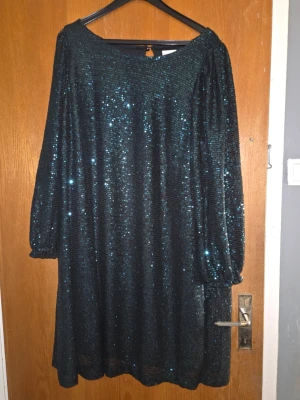 Svart glittrig paljettklänning - Snygg svart klänning täckt med glittriga paljetter. Modellen är rak med lång ärm och rund halsringning. Perfekt för dig som vill sticka ut med extra bling. Materialet känns mjukt och följsamt, troligen polyester. Ingen synlig logga eller märke.