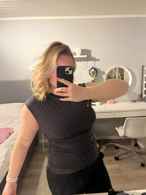 Grå  ärmlös topp med hög hals - Säljer en grå, tight och ärmlös topp med hög hals. Toppen har en enkel och stilren design som passar perfekt till jeans eller kjol. Materialet känns mjukt och stretchigt och stramar åt i midjan som framhäver en fin form🌸💕