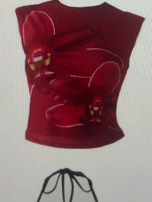 Röd blommig ärmlös topp - Snygg röd topp med stora blommor i rosa och vinröda toner. Toppen är ärmlös och har en kroppsnära passform, perfekt för att sticka ut. Materialet ser ut att vara mjukt och stretchigt, vilket gör den bekväm att bära.