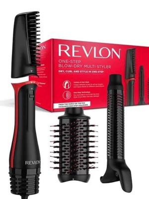 Revlon One-Step Multi Styler - Multistyler från Revlon med svart och röd design. Inkluderar flera utbytbara borsthuvuden: 32mm locktillsats, 64mm oval borste och torkkoncentrator. Perfekt för att torka, locka och styla håret i ett steg. Fyra värmeinställningar och avtagbar knapp. Använd rätt så flitigt men fungerar utan problem💗