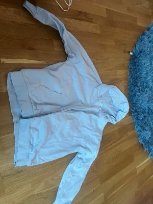 Ljusblå hoodie med dragkedja - Säljer en ljusblå hoodie med dragkedja framtill och två stora fickor. Hoodien har ribbade muddar vid ärmslut och nederkant samt en klassisk huva. Perfekt för en avslappnad och chill stil.