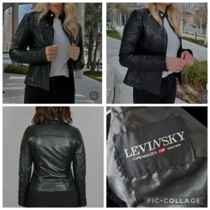 Svart skinnjacka från Levinsky - Snygg svart skinnjacka från Levinsky med klassisk bikerstil. Jackan har dragkedja framtill, ståkrage med tryckknapp och quiltade detaljer på axlar och ärmar. Figurnära passform och mjukt foder. Perfekt för en cool och tidlös look. Nypris 3499:-