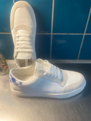 Vita sneakers blå detalj - Snygga vita sneakers med grå mockadetaljer och blå/vit rutmönstrad häl. Klassisk låg modell med vita skosnören och perforeringar på sidan. Perfekta för en clean och stilren look.
