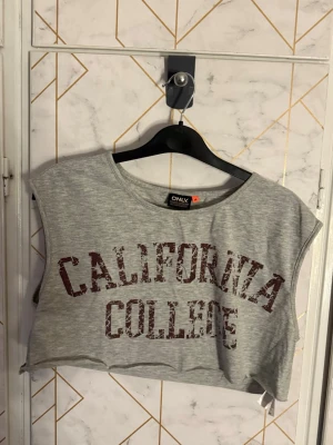 Grå crop top från ONLY - Grå crop top från ONLY med trycket 'CALIFORNIA COLLEGE' i vinrött framtill. Namn ”only cali collage ss cropped top jrs”. Toppen har breda axlar, rund halsringning och är tillverkad i mjukt bomullsmaterial. Perfekt för vardags såsom till insparks fester.
