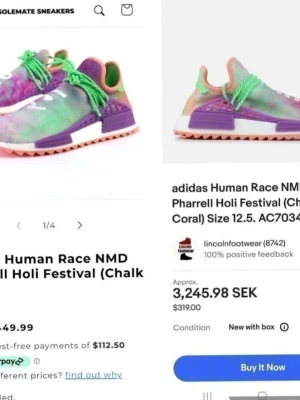 adidas Human Race NMD Holi Festival - Färgstarka adidas Human Race NMD Pharrell Holi Festival sneakers med tie-dye mönster i lila, grönt, rosa och vitt. Skorna har gröna snören, lila detaljer och en unik sula med rosa inslag. Materialet är mesh och textil för en skön och luftig känsla.