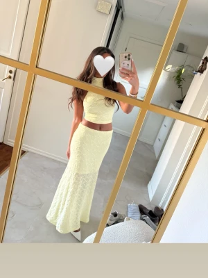 Ljusgul lång spetsklänning - Säljer en ljusgul långklänning i spets med hög hals och ärmlös design. Klänningen har en croppad topp och lång, figurnära kjol som är lätt transparent nedtill. Perfekt för dig som vill sticka ut med en fräsch och somrig look.