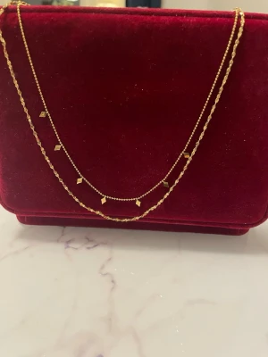 Dubbelguldigt halsband med små detaljer pläterat med guld 18k - Snyggt halsband i copper pläterat med guld 18k, med två tunna kedjor i olika längder. Kedjorna har små fyrkantiga detaljer som ger en trendig och stilren look. Perfekt för att lyfta vilken outfit som helst. Materialet ser ut att vara metall i guldfärg.